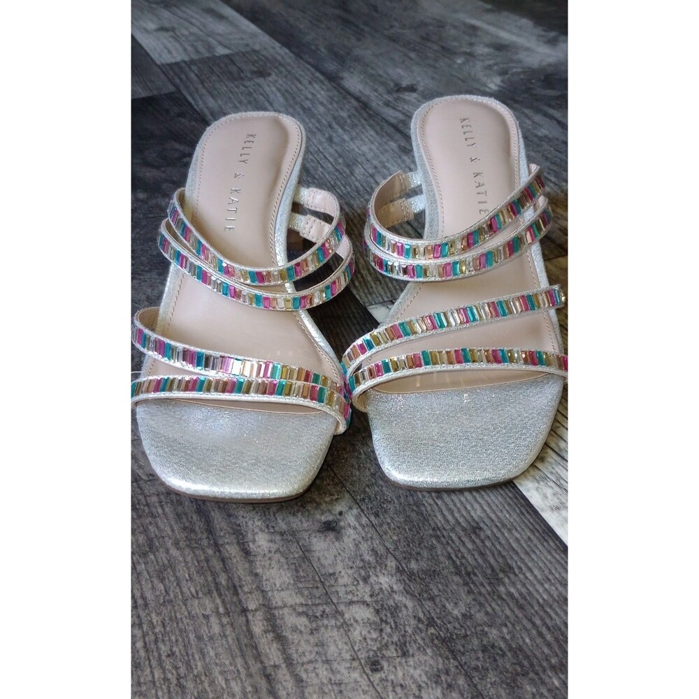 Kelly & Katie Women's 6M Silver Block Heels With Multicolor Gemstones Sandals